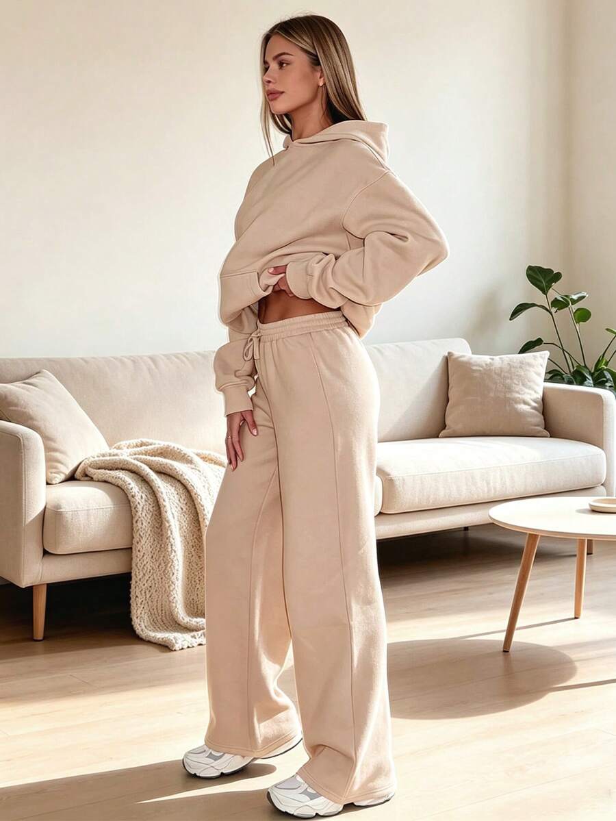 2pcs/Set Autumn/Winter Casual Solid Color Sweatshirt Set, Hooded Pocket Top With Elastic Waist Drawstring Straight Leg Pants Elegant - Khaki - View 1