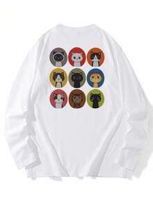 Women's Fashion Autumn/Winter Loose Minimalist Versatile Cartoon Cat Print Long Sleeve T-Shirt - White - View 5