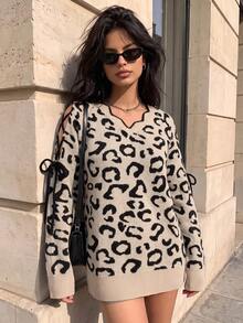 BuyK [Top]Leopard Print V-Neck Knit Sweater, Loose Cold Shoulder Tie Sleeve Pullover, For Weekend Classic Leopard Print Cozy Knit Sweater Vacation - Khaki - View 4
