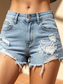 Women's Mid Waist Distressed Ripped Denim Shorts Frayed Hem Mini Jeans Y2K Style For Summer Beach Festival Daily Street Casual Wear - Baby Blue - View 2