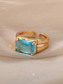 2Pcs/Set Vintage Blue Cubic Zirconia Flower Ring For Women Gold Color Open Ring Wedding Party Jewelry Gift - Multicolor - View 9