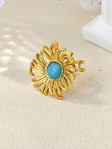 2Pcs/Set Vintage Blue Cubic Zirconia Flower Ring For Women Gold Color Open Ring Wedding Party Jewelry Gift - Multicolor - View 3