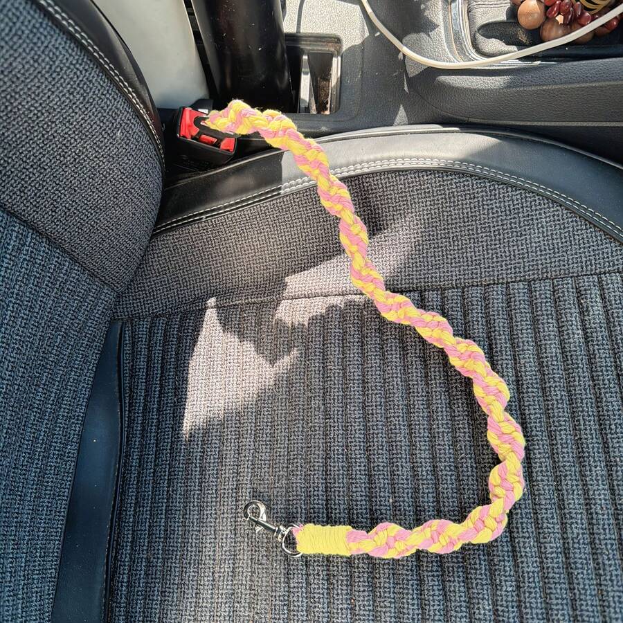 1pc Handmade Woven Dual-Color Cat & Dog Car Safety Belt, Multi-Function Car Hook Rope, Made Of Material, Pet Travel Car Leash - Yellow - View 1
