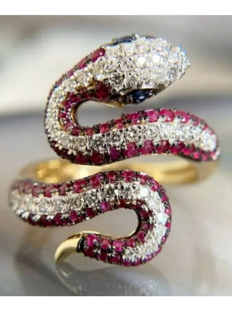 Gmzalx Light Luxury Exaggerated Snake Wrap Ring For Women, Shiny Gold Tone With Pink And White Synthetic Cubic Zirconia, Suitable For Daily Wear And Party Occasions, Great Gift