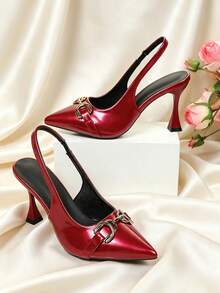1 Pair Hot Red Pointed Toe High Heel Shoes, Shiny PU Material, Metal Horse Bit Buckle Decor, Closed Toe Back Strap Slip-On Design, Luxury Party Style, Suitable For Dating, Evening Dinner, Party, Daily Commute, Travel And Outdoor Wear - Rouge Casaque - View 3