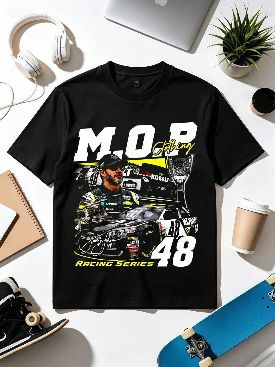 MOP 48 Nascars Racing Vintage Graphic Tee Motor Fan Short Sleeve T‑Shirt - 黑色 - 查看 1