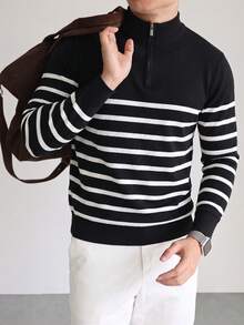 Men's Vintage Striped Half-Zip Sweater, Black & White Contrast Color, Stand Collar, Loose Fit, Casual, Autumn/Winter, Commute, Knit Long Sleeve Pullover - Black - View 9