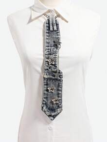 1pc Women's Denim Tie Y2K Star Rhinestone Decor Chain Halter Neck Shirt Accessory, Suitable For Party And Date Outfits - Multicolor - View 3