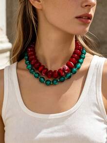OABE Set Kalung Manik-Manik Bertingkat Gaya Bohemian 2pcs/Set dengan Blok Warna Merah & Hijau, Cocok untuk Pemakaian Sehari-hari Wanita - MultiWarna - View 1