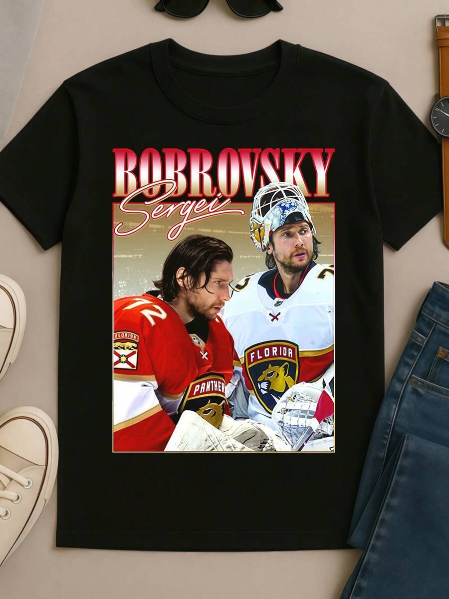 Sergei_Bobrovsky_Florida_Panthers_Retro_90s_Bootleg_Style_Hockey_Fan_T-Shirt - 黑色 - 查看 1
