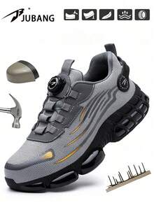 Men's Rotating Button Comfortable Industrial Construction Work Shoes Steel Toe Athletic Sneakers Lightweight Breathable Construction Site Work Shoes (Runs Half Size Small) - Grey - View 13