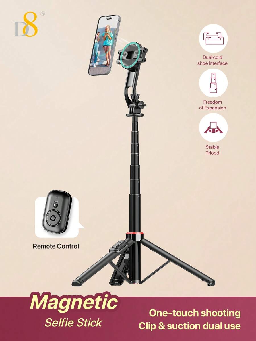 D8 Magnetic Attraction Cell Phone Selfie Stick Tripod, Smartphone Tripod Stand All-In-1 With Integrated Wireless Remote,Portable,Lightweight,Extendable Phone Tripod , All-In-1 Cell Phone Selfie Stick Tripod With 360° Rotatable Fill Light, 1300MM Extendable Portable Lightweight Smartphone Tripod Stand, Compatible With Iphone Duo 18 17/16/15/14/13 & All Android Phones