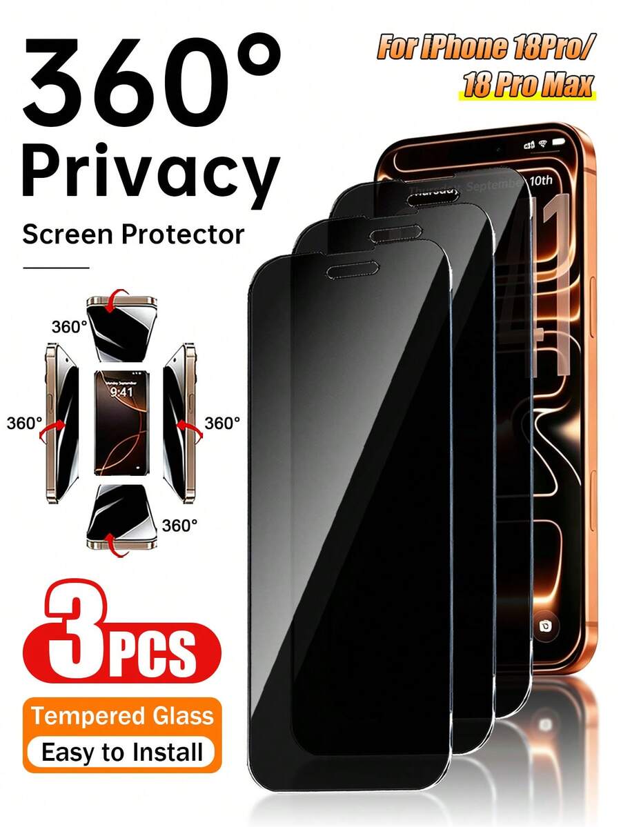 3pcs Full Privacy Anti-Peeping Tempered Glass Screen Protector, Compatible With Phone 18 Pro Max/Phone 18 Pro/Phone 17 Pro Max/17 Pro/17 Air/17/Phone 15 Pro Max/15 Pro/15 Plus/16 Pro Max/16/16e/16 Pro/16 Plus/14 Pro Max/14/14 Pro/14 Plus/13 Pro Max/13/13 Pro/12/11/XR, Full Coverage Anti-Peeping Film - Black - View 1