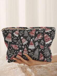 1Pc Double-Sided Christmas Gift Pattern Corduroy Zipper Cosmetic Bag,Toilet Bag,Lined Large Capacity Organizer For Travel,School & Student Daily Use - Multicolor - View 11