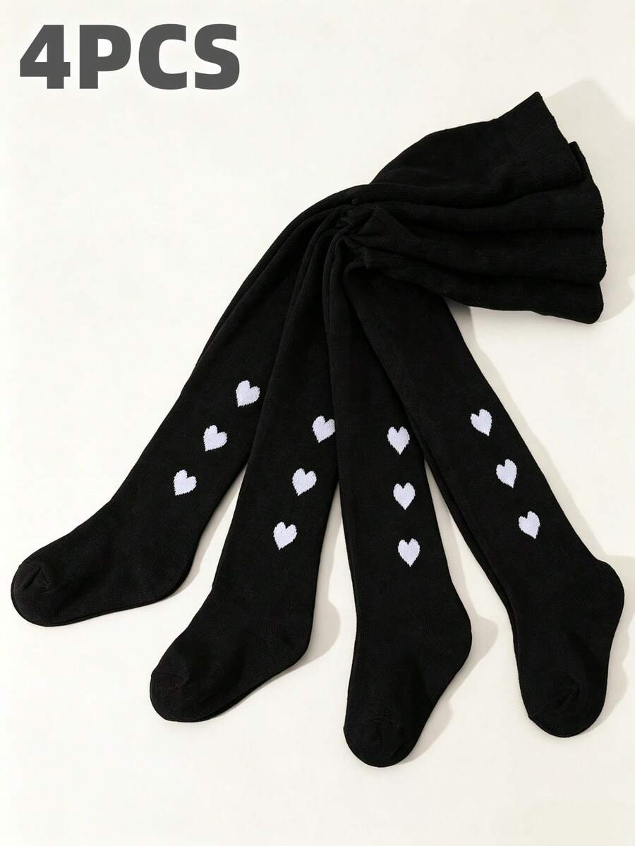 4 Pairs Of Black Heart-Patterned, Skin-Friendly, Warm, Thickened Thigh-High Tights For Baby Girls-Perfect For Everyday School Wear, Fall/Winter Style - Multicolor - View 1