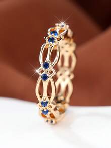 1pc Minimalist Delicate Hollow Ring With Micro-Inlaid Blue Zirconia, Suitable For Girls' Daily Wear Or Elegant Outfits - Yellow Gold - View 3