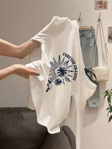 Vacation Style Sunset Coconut Tree Slogan Print Asymmetrical Shoulder Top, Side Drawstring Slimming Sexy Hot Girl Autumn Long Sleeve T-Shirt - White - View 3