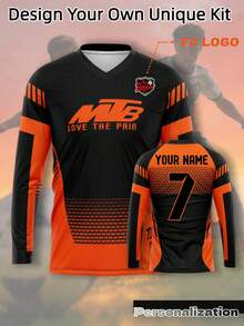 Custom Mountain Bike Themed Long Sleeve Sports Jersey, Black And Orange Color Block Competitive Color Scheme, Customizable Content On Both Front And Back, Freely Change Player Name And Jersey Number, Customizable Team Logo, Comfortable Fabric, Suitable For Mountain Bike Riding, Football, Basketball Games, Training And Daily Streetwear - Black - View 1