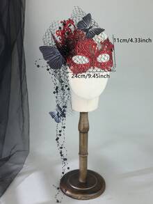 1件紅色蕾絲化妝舞會面具，配黑色蝴蝶網紗珠飾與流蘇緞帶，適合哥德風萬聖節、吸血鬼、暗黑新娘主題派對 - 紅色 - 查看 6