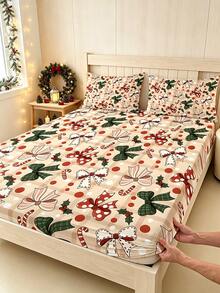 1PC Christmas Theme Fitted Sheet (Fitted Sheet Only, No Pillowcase), Vintage Plaid And Holly Pattern Fitted Sheet, Soft And Comfortable 100% Polyester Fabric, Suitable For Bedroom, Guest Room, School Dormitory Fitted Sheet, Easy To Remove And Machine Washable All-Season Mattress Protector - Multicolor - View 1