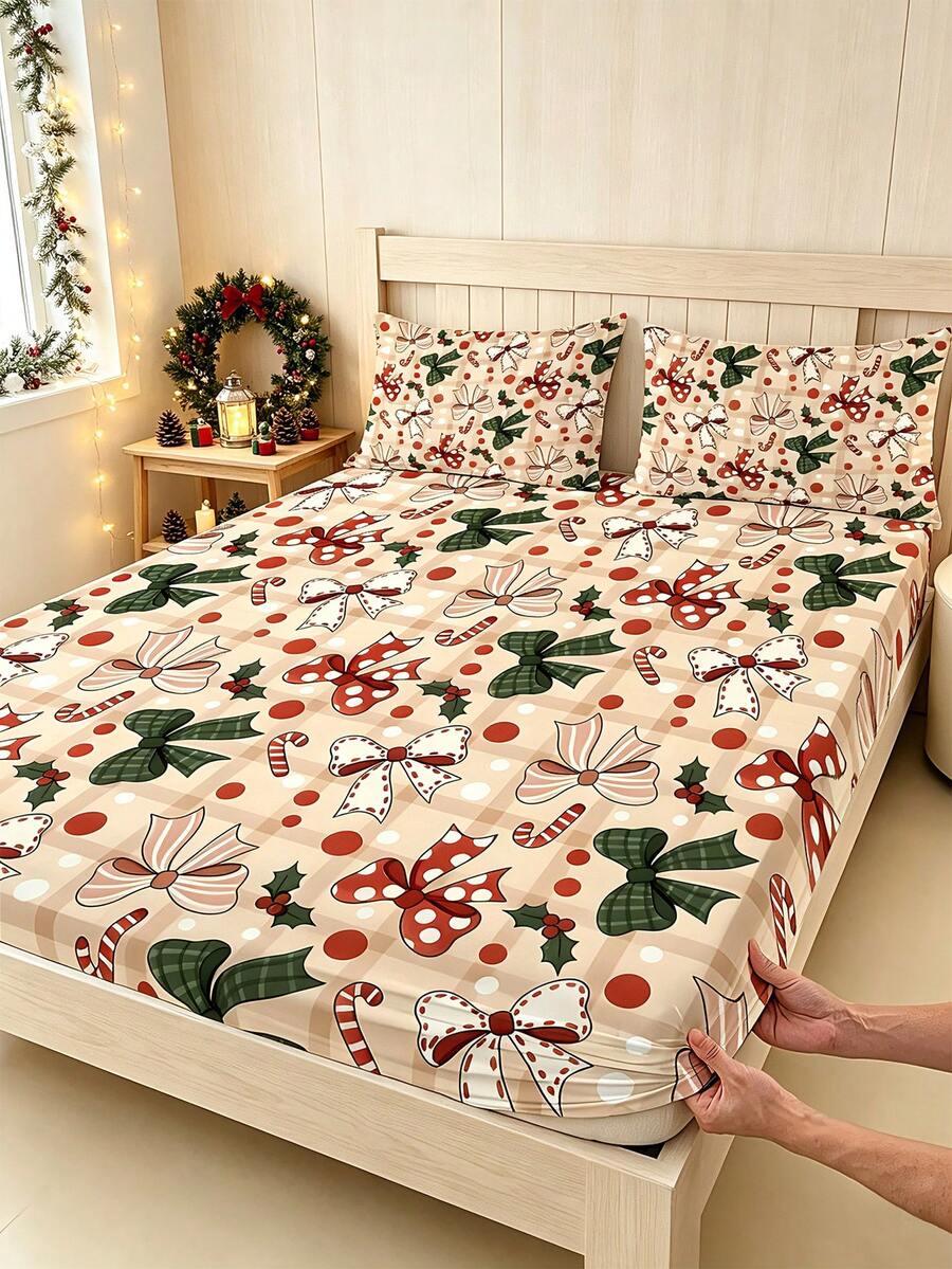 1PC Christmas Theme Fitted Sheet (Fitted Sheet Only, No Pillowcase), Vintage Plaid And Holly Pattern Fitted Sheet, Soft And Comfortable 100% Polyester Fabric, Suitable For Bedroom, Guest Room, School Dormitory Fitted Sheet, Easy To Remove And Machine Washable All-Season Mattress Protector - Multicolor - View 1