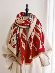 1pc Vintage Rhombus Ikat Pattern 65*180cm Shawl, Heavy Brushed Polyester Imitation Cashmere, Fall Winter Multi-Use Wrap For Trip Gathering - Multicolor - View 7