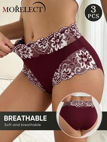 Morelect 3 buah celana dalam wanita model mid-high waist dengan detail renda dan patchwork, nyaman, lembut, dan bernapas. - MultiWarna - View 6