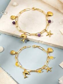 1pc Gold Color Starfish Bracelet Shell Dolphin Charm Women Handmade Metal Ocean Style Pendant Beach Bracelet Summer Jewelry H945 - Bracelet - View 2