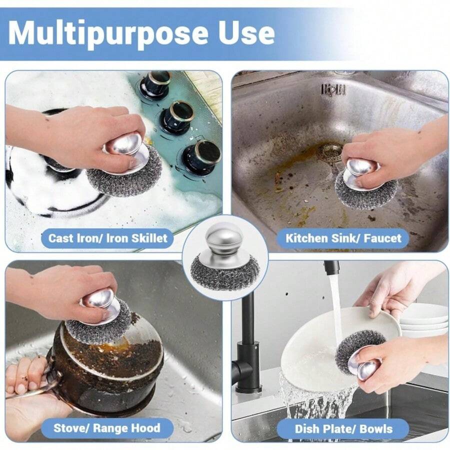 1/2/6pcs Stainless Steel Kitchen Scrub Brush With Handle, Replaceable Stainless Steel Brush Head, Heavy Duty Pot And Dish Cleaning Tool, Suitable For Stubborn Stains, Easy Grip Design, Easily Clean Kitchen Utensils - Multicolor - View 1