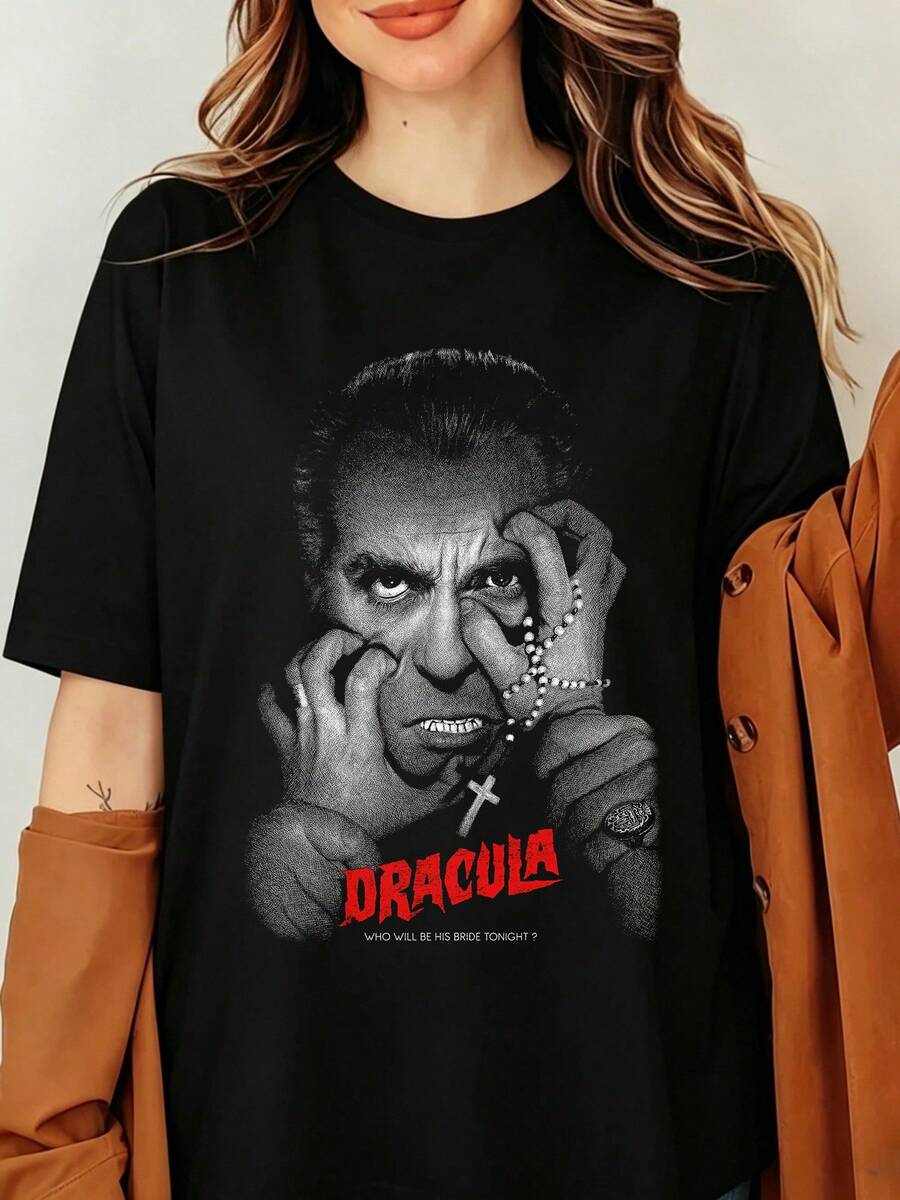 Dracula Classic Gothic Vampire Horror Graphic T‑Shirt, Who Will Be His Bride Tonight Quote Tee, Unisex Halloween Horror Movie Fan Gift Tee - 黑色 - 查看 1