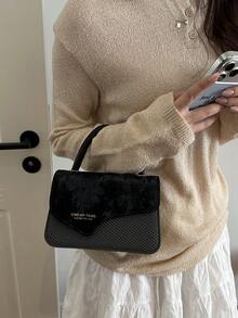 1pc Letter Pattern Patchwork PU Portable Flap Fashion Women's Handbag Suitable For Autumn/Winter Daily Shopping - Black - View 5