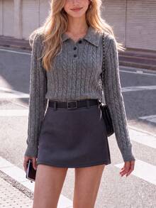 Women's Grey Cable Knit Pullover Polo Shirt, Long Sleeve Cropped Knit Top - Grey - View 6