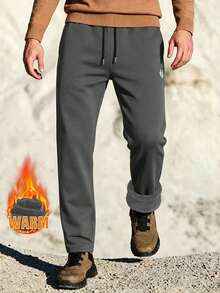 Men's Embroidered Straight Leg Sweatpants, Flannel Lined Casual Running Pants, Elastic Drawstring Waist, Split Hem Loose Fit Daily Pants - Dark Grey - View 1