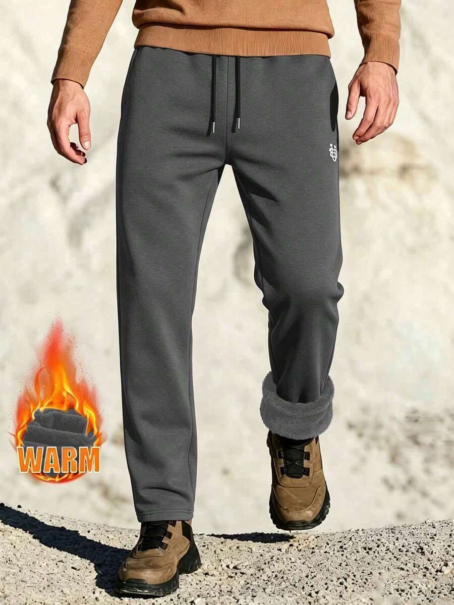 Men's Embroidered Straight Leg Sweatpants, Flannel Lined Casual Running Pants, Elastic Drawstring Waist, Split Hem Loose Fit Daily Pants - Dark Grey - View 1