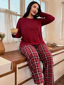 Women's Plus Size Pajama Set, Plaid Print, Long Sleeve Long Pants Loungewear Set, Autumn/Winter Clothing - Red - View 5