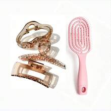 Sisir Rambut Macaron dengan Desain Rusuk Berongga, Dapat Digunakan Basah & Kering, Sikat Pijat Praktis untuk Perawatan Rambut di Rumah, Set Sisir Aksesori Rambut - 1 buah sisir tipe O + 3 buah jepit rambut - View 3