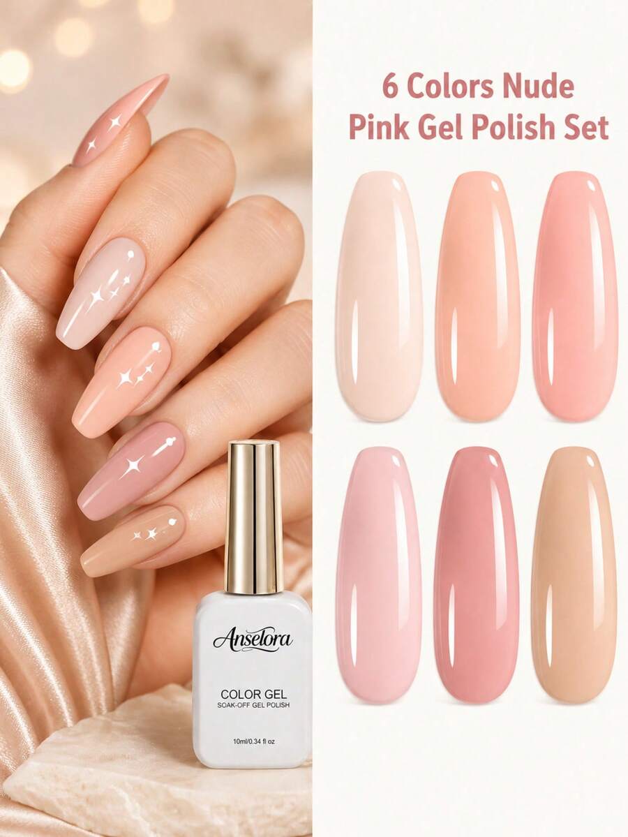 Anselora 6-Color Nude Pink Gel Nail Polish Set, Natural Skin Tone Nude Pink Peach Coral Soak-Off UV LED Gel Nail Polish, Long-Lasting Glossy Gel, Suitable For Daily DIY Manicure And Salon - Multicolor - View 1