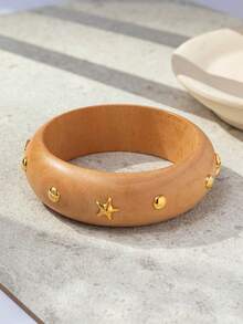 1pc Vintage Fashion Versatile Exaggerated Design Geometric Wide Wooden Bracelet For Women, Suitable For Daily Wear (Random Cut Pattern) - Multicolor - View 18