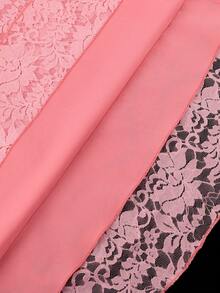 Elegant Plus Size Pink 2 Pieces Set, Ruffle Top, V-Neck Long Sleeve, Floral Waist Belt, Lace A-Line Long Skirt, Church Wedding Guest Autumn Outfit - Pink - View 4