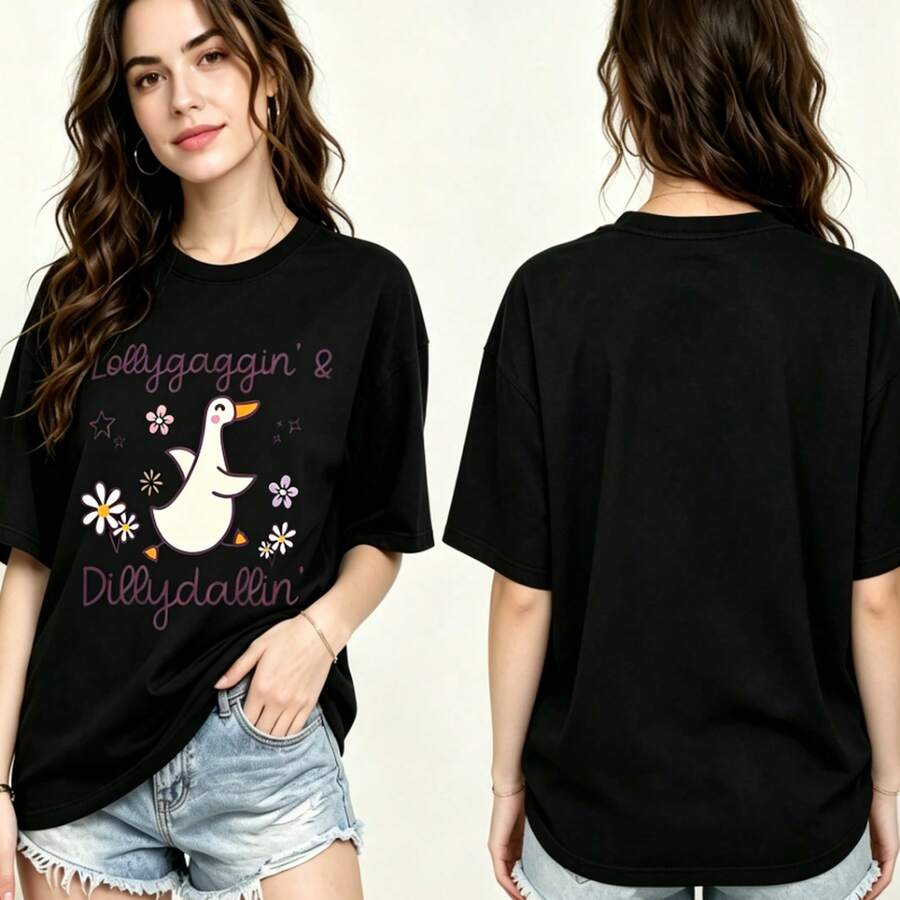 Women's Summer Short-Sleeve T-Shirt, Oversized, With Floral And Duck Graphic Print, Premium Batik Cotton, Retro Style, Dropped Shoulders, Casual. - 黑色 - 查看 1
