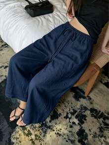 Women's Cropped Length Wide Leg Pants, Summer New Elastic Waist Drawstring Lightweight Breathable, Slouchy, Loose Versatile Casual Pants, Suitable For Daily Wear - Navy - View 2