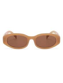 1 par de gafas de moda para mujer con montura ovalada de PC color té, minimalistas, de color liso, estilo fresco, personalizadas para vacaciones - Marrón - Ver 3