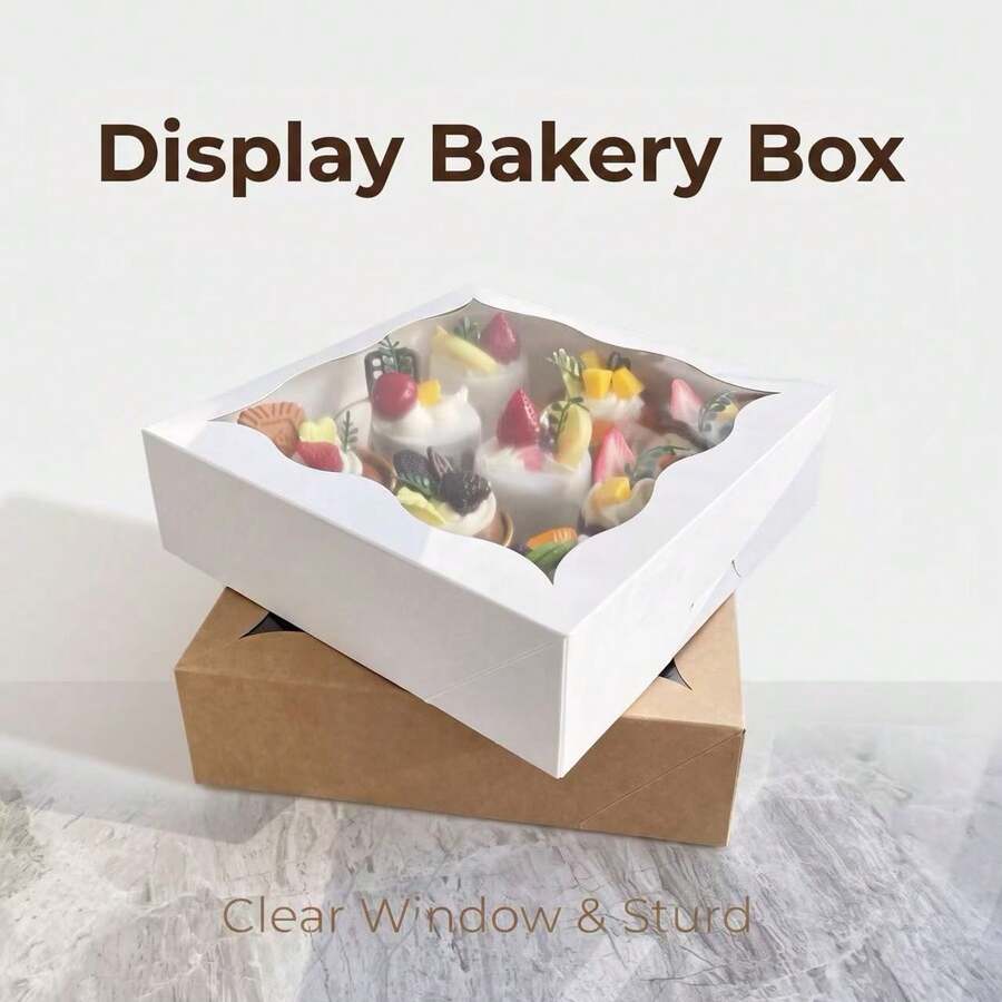 5pcs/10pcs 9.1*9.1*2.6 Inch Cake Gift Boxes With Transparent Window, Foldable Empty Paper Packaging Boxes, White And Kraft Paper Material Gift Boxes, Suitable For Party Favors, Wedding Birthday DIY Gift Packaging, Can Be Used For Halloween Candy And Cake Packaging - Multicolor - View 1