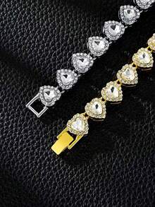 2pcs Heart-Shaped Rhinestone Tennis Chain Set, Heart-Shaped Rhinestone Necklace + Bracelet, Gold Hip-Hop Style Accessories, Niche Unisex Jewelry - Heart Necklace Set - View 6