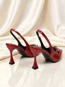 1 Pair Hot Red Pointed Toe High Heel Shoes, Shiny PU Material, Metal Horse Bit Buckle Decor, Closed Toe Back Strap Slip-On Design, Luxury Party Style, Suitable For Dating, Evening Dinner, Party, Daily Commute, Travel And Outdoor Wear - Rouge Casaque - View 6