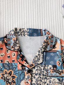 Women's Patchwork Floral Print 2 Pieces Pajama Set, Lapel Long Sleeve Top And Elastic Waist Long Pants, Soft Loungewear - Teal Blue - View 3