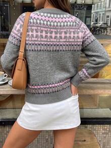 Women's Fall Winter Grey Fair Isle Knit Cardigan, Round Neck Single Breasted Long Sleeve, Retro Geometric Pattern Cropped Sweater Coat For Daily Wear - Grey - View 9