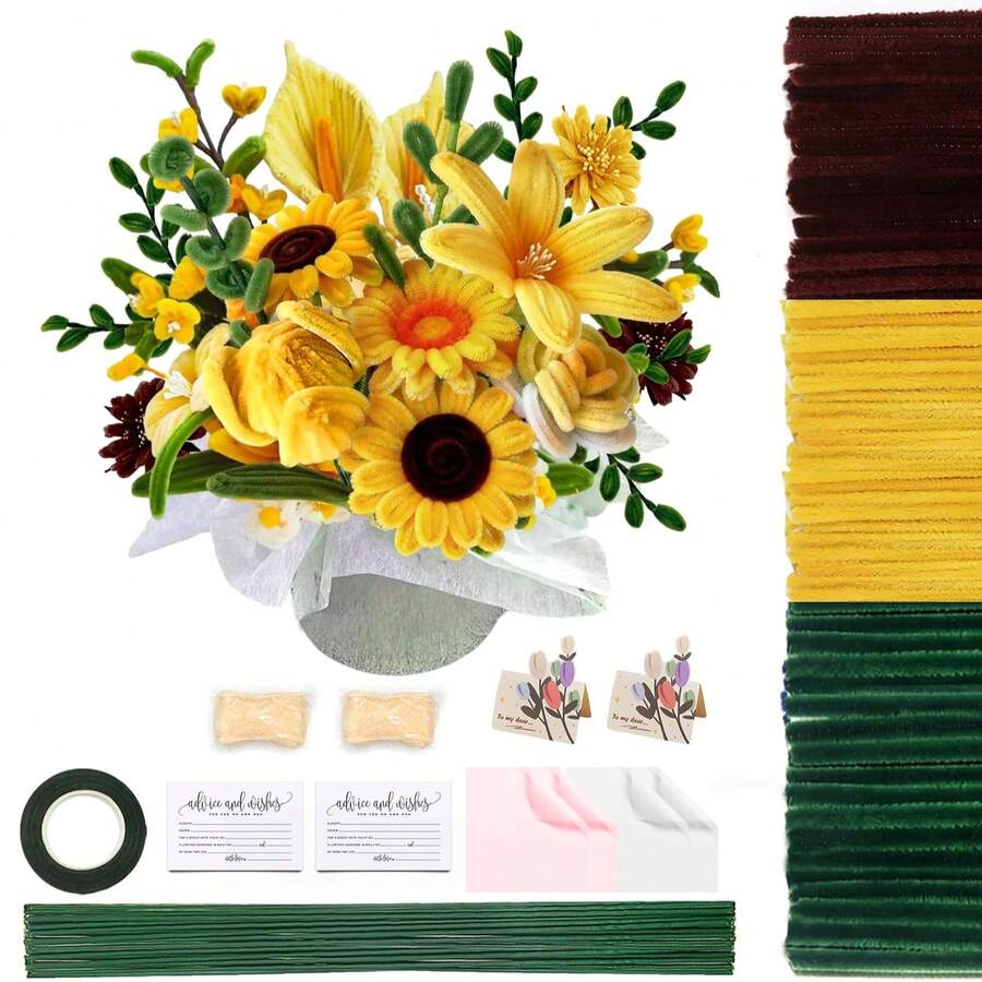 431pcs Sunflower Velvet Stem Handmade Set, 6mm X 30cm, Yellow Green Brown, Includes Flower Stems, Greeting Cards, Wedding Cards, Ribbons, Wrapping Paper, Adhesive Tape, Suitable For DIY Crafts, DIY Floral Making, Creative Projects - Pipe Craft - View 1