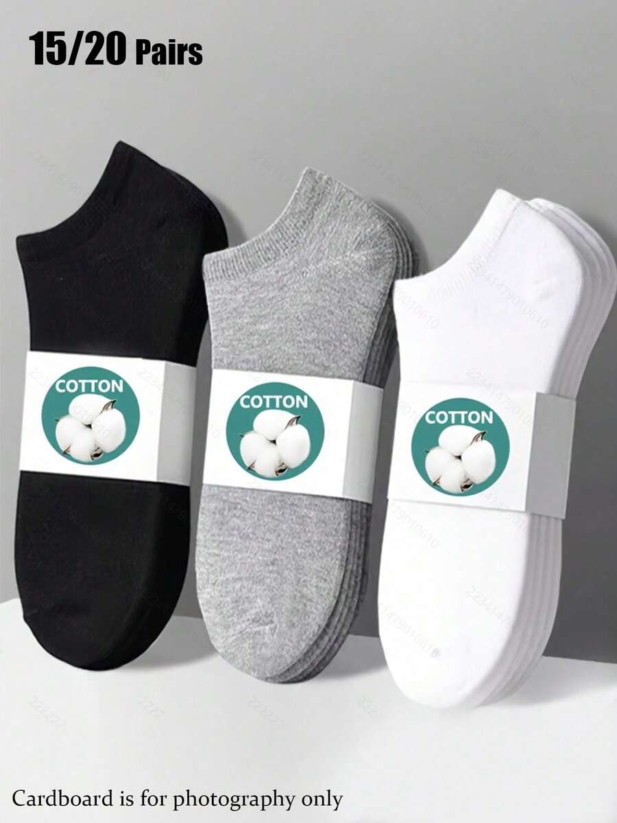 15/20 Pairs Unisex Pure Cotton Boat Socks, Low-Cut Breathable Solid Color Sweat-Absorbing Casual Sports Short Socks, Family Multi-Pack - Multicolor - View 1