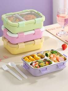 niceforyou 1pc 850ml Leak-Proof PP Or Stainless Steel Material Food Container, Includes Fork And Spoon, Macaron Color Rectangular Lunch Box With Transparent Lid, Microwave , Portable For Office, School, Picnic, All Seasons - Multicolor - View 5